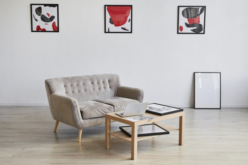 Custom home design with a beige sofa