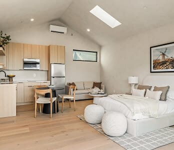 service adu bedroom with angled ceiling